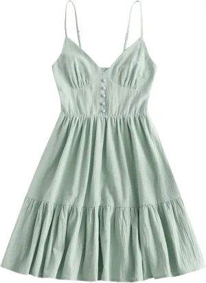 ZAFUL Women's Casual V Neck Summer Mini Dress Spaghetti Strap A-Line Short Dresses Backless Solid Color Sundress