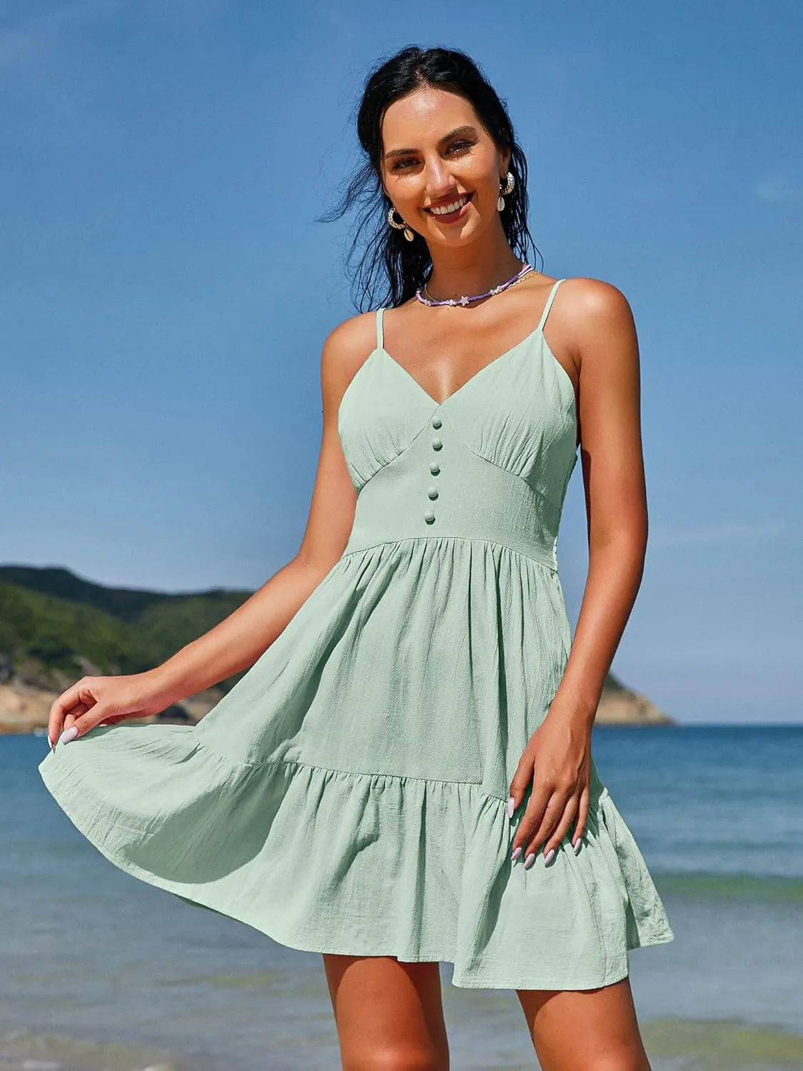 ZAFUL Women's Casual V Neck Summer Mini Dress Spaghetti Strap A-Line Short Dresses Backless Solid Color Sundress