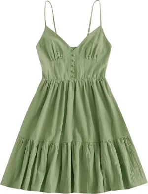 ZAFUL Women's Casual V Neck Summer Mini Dress Spaghetti Strap A-Line Short Dresses Backless Solid Color Sundress