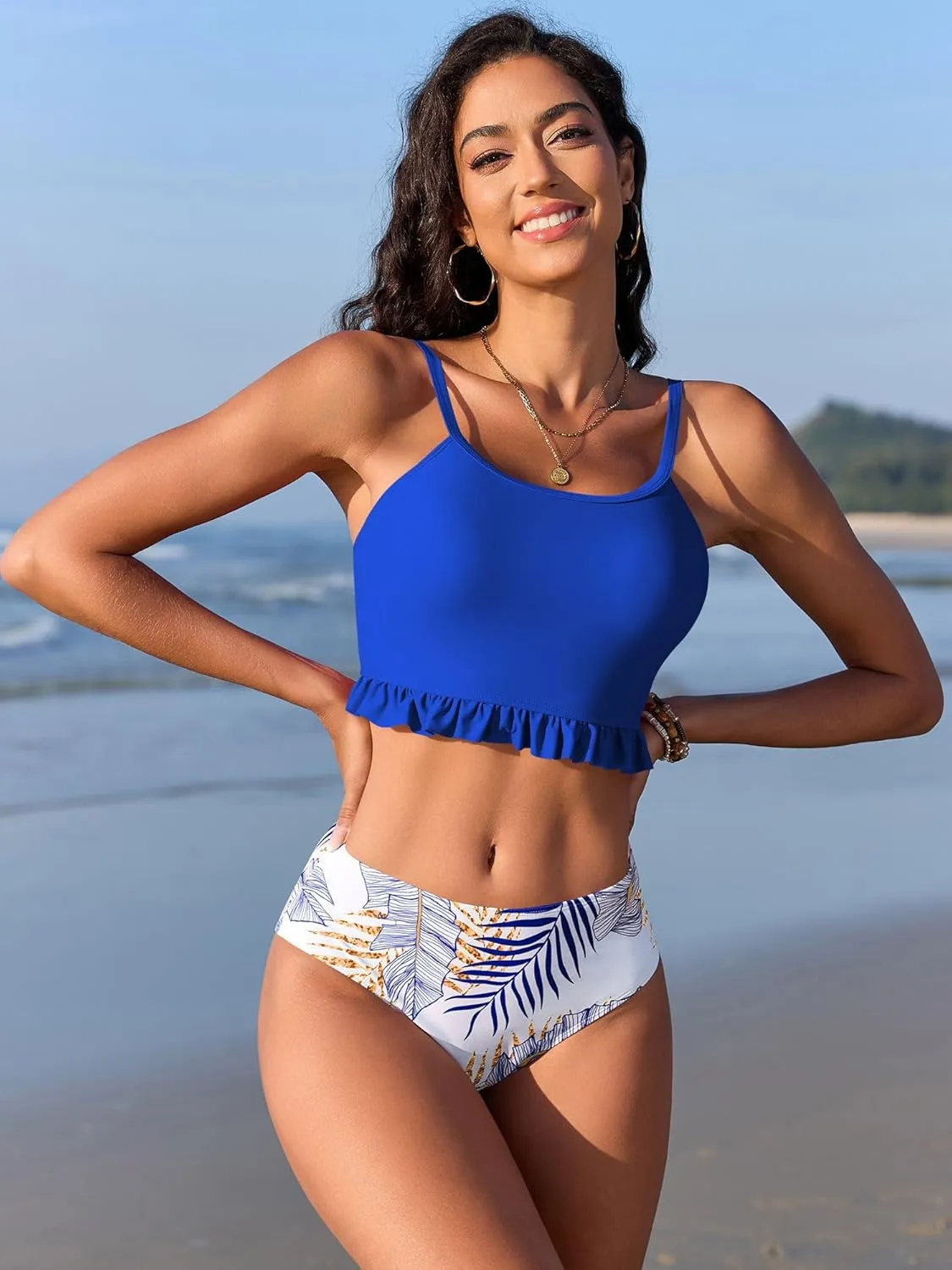 ZAFUL Women's High Waisted Tankini Swimsuits Floral Leaf Print Bikini Sets Ruffles Swimwear Two Piece Bathing Suits