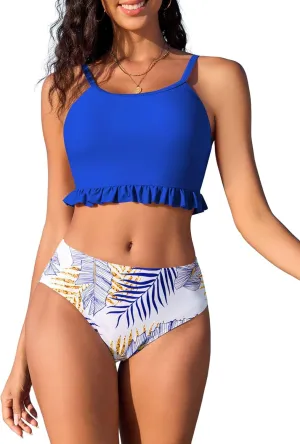 ZAFUL Women's High Waisted Tankini Swimsuits Floral Leaf Print Bikini Sets Ruffles Swimwear Two Piece Bathing Suits
