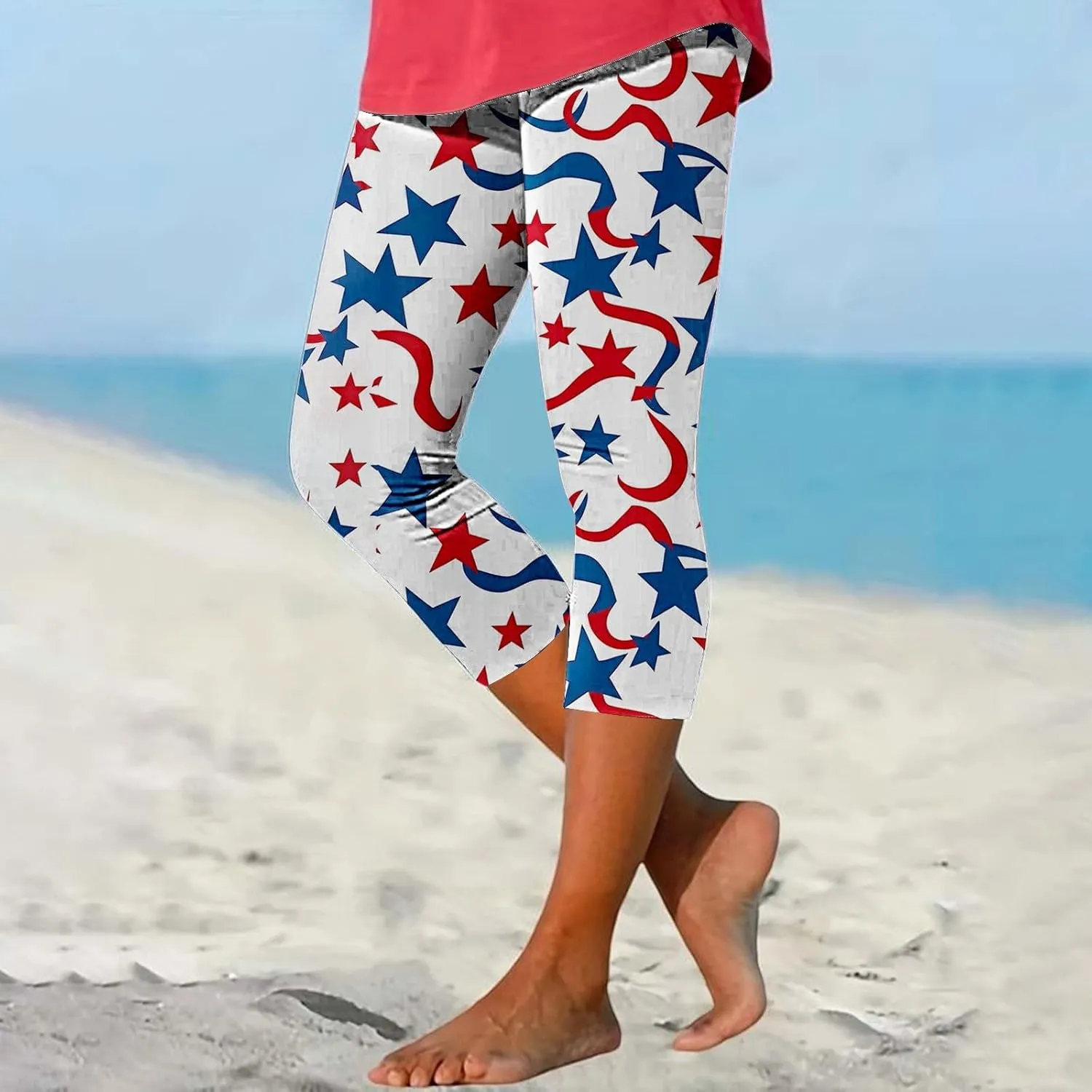 ZYXTIM American Flag Capri Leggings for Women Stretch Yoga Pants 4th of July Patriotic Star Stripes Patterned Casual Trousers