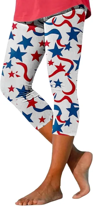 ZYXTIM American Flag Capri Leggings for Women Stretch Yoga Pants 4th of July Patriotic Star Stripes Patterned Casual Trousers